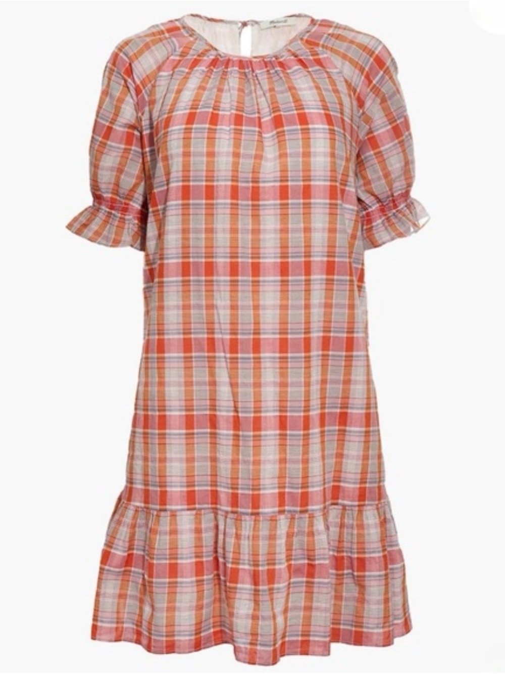 Madewell Coral & Cream Plaid Ruffle Neck Sundress